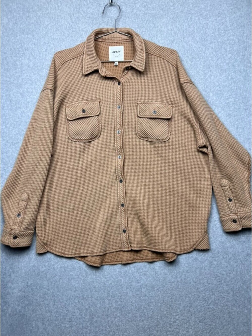 Aerie LumberJane Waffle Shirt Jacket Womens XS Brown Oversized Shacket Thermal